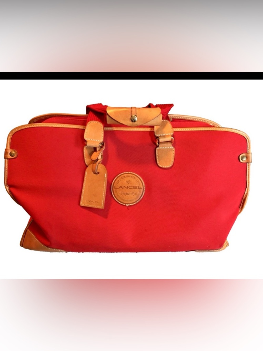 Lancel Red Travel Tote with Leather Trim